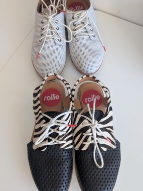 2 Pairs Australian Brand Rollie Zebra-Accent Lace-Up Flats in Black and White